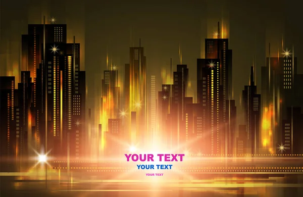 Illuminated night city skyline, vector illustration — Stock Vector