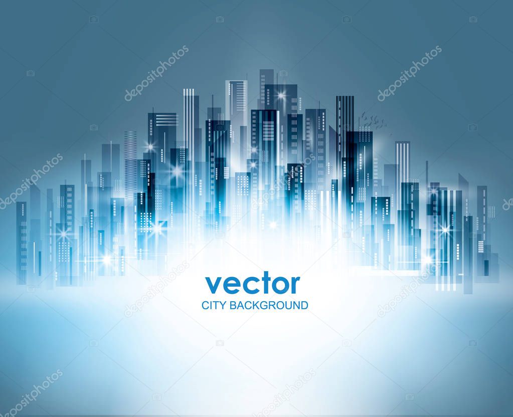 Illuminated Night city skyline, vector illustration