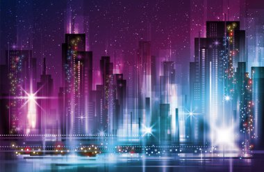 Gece cityscape aydınlatılmış binalar ve yol