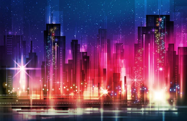 Işıklı gece şehir manzarası, vektör çizim — Stok Vektör
