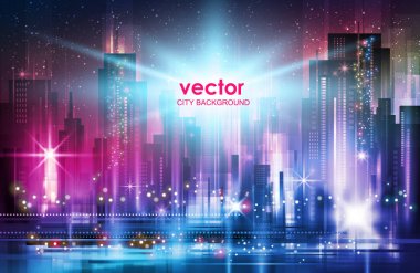 Arka plan şehir gece neon tarzı mimari binalarda illüstrasyon vektör