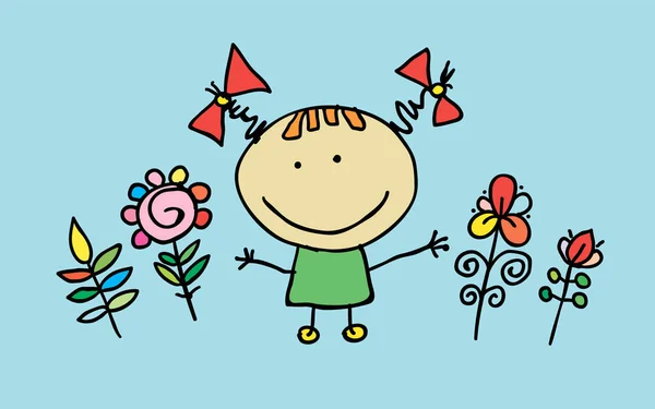 Маленька мультяшна дівчинка з квітами — стоковий вектор