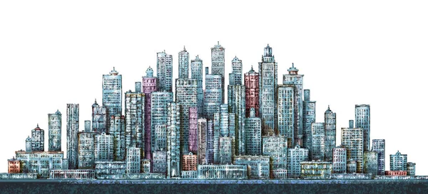 Skyline cidade moderna, ilustração desenhada à mão altamente detalhada — Fotografia de Stock