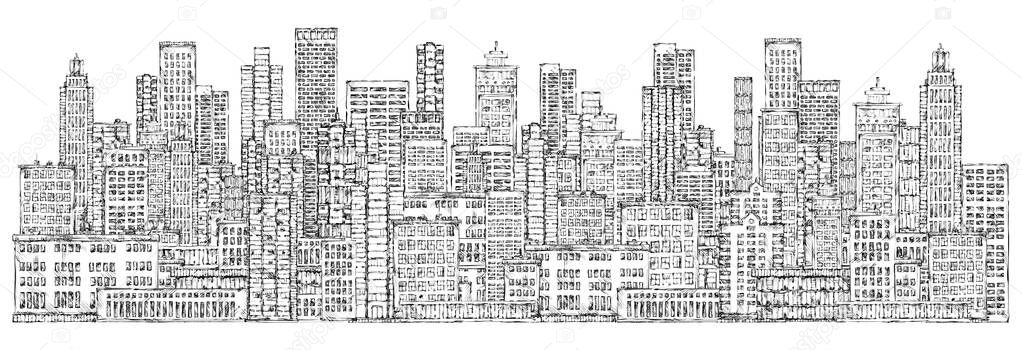 Modern City skyline, highly detailed hand drawn vector illustration