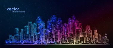 Vektör gece şehir illüstrasyon neon kızdırma ve canlı renkler ile.