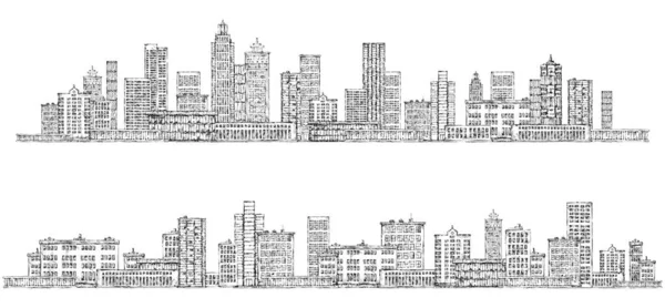 Langit kota modern, ilustrasi vektor gambar tangan yang sangat rinci - Stok Vektor