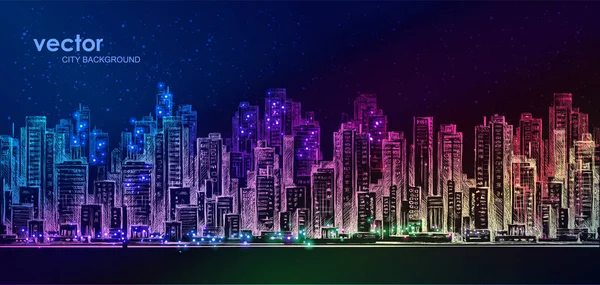 Vector night city illustration with neon glow and vivid colors. — Stock Vector