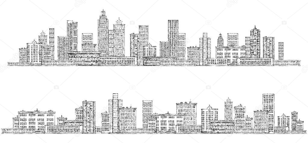 Modern City skyline, highly detailed hand drawn vector illustration
