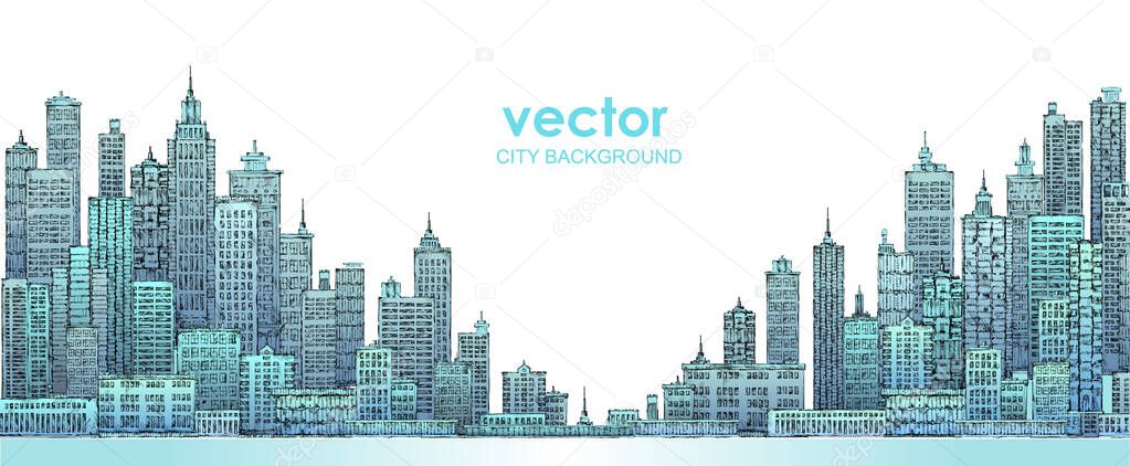 Modern City skyline, highly detailed hand drawn vector illustration