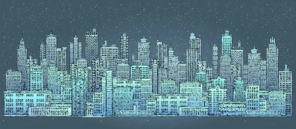 現代都市のスカイライン、非常に詳細な手描きベクトルイラスト — ストックベクタ