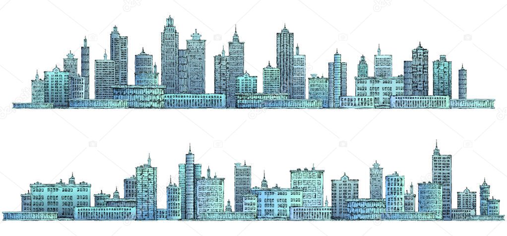 Illustration with architecture, skyscrapers, megapolis, buildings, downtown.