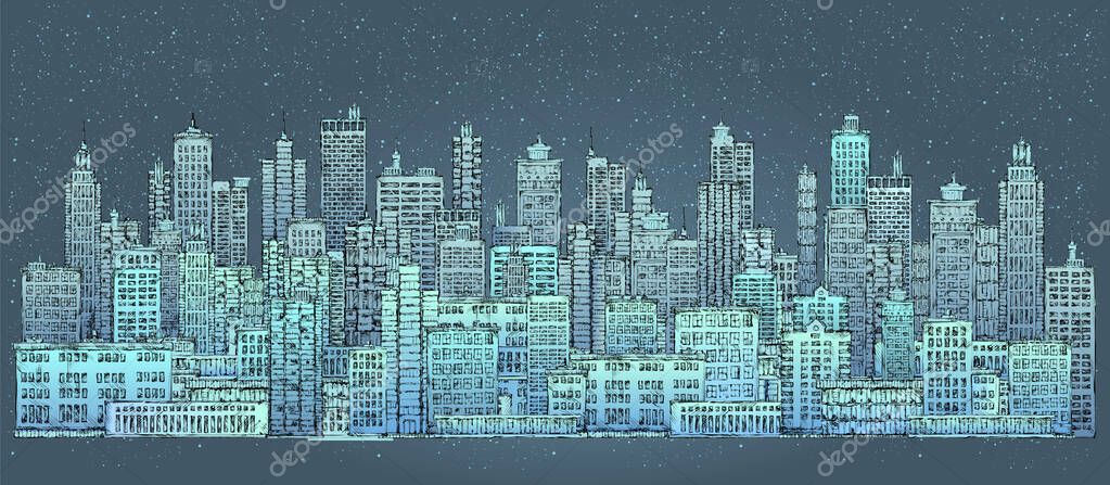 Illustration with architecture, skyscrapers, megapolis, buildings, downtown.