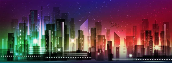 Ilustración vectorial de la ciudad nocturna con brillo de neón y colores vivos . — Vector de stock