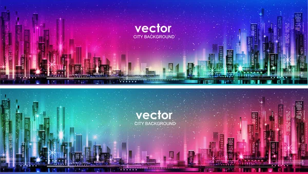 Vector night city illustration with neon glow and vivid colors. — Stock Vector