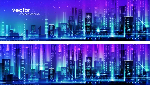 Vector night city illustration with neon glow and vivid colors. — Stock Vector