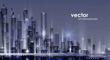 Vektör gece şehir illüstrasyon neon kızdırma ve canlı renkler ile.