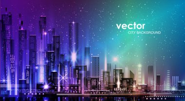 Vektör gece şehir illüstrasyon neon kızdırma ve canlı renkler ile.
