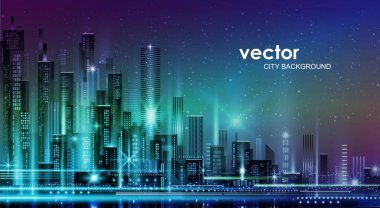 Vektör gece şehir illüstrasyon neon kızdırma ve canlı renkler ile.