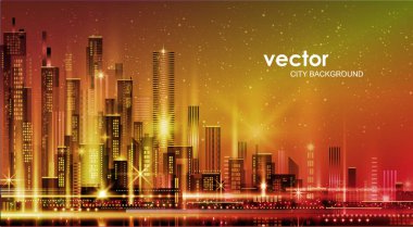 Vektör gece şehir illüstrasyon neon kızdırma ve canlı renkler ile.