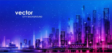 Vektör gece şehir illüstrasyon neon kızdırma ve canlı renkler ile.