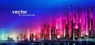 Vektör gece şehir illüstrasyon neon kızdırma ve canlı renkler ile.