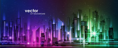 Vektör gece şehir illüstrasyon neon kızdırma ve canlı renkler ile.