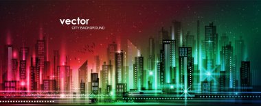 Vektör gece şehir illüstrasyon neon kızdırma ve canlı renkler ile.