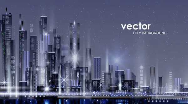 Vektör gece şehir illüstrasyon neon kızdırma ve canlı renkler ile.