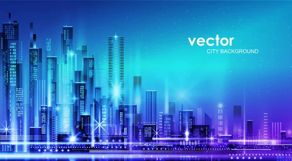 Vector night city illustration with neon glow and vivid colors. — Stock Vector