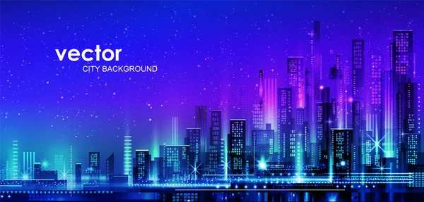 Vector night city illustration with neon glow and vivid colors. — Stock Vector