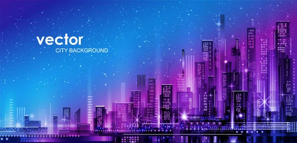 Vektör gece şehir illüstrasyon neon kızdırma ve canlı renkler ile.