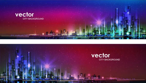 Vektor gambar kota malam dengan cahaya neon dan warna cerah . - Stok Vektor