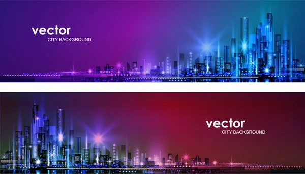 Vector night city illustration with neon glow and vivid colors. — Stock Vector