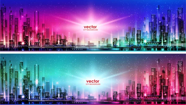 Vector noite ilustração da cidade com brilho de néon e cores vivas . — Vetor de Stock