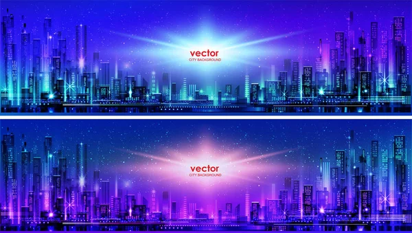 Vector night city illustration with neon glow and vivid colors. — Stock Vector