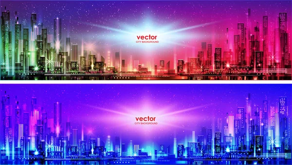 Vector night city illustration with neon glow and vivid colors. — Stock Vector