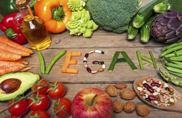 Vegan Woord Hout Achtergrond Fruit Voedsel — Stockfoto