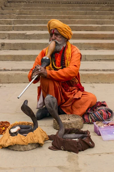 Varanasi, Indien - 03. Januar 2020: ein indischer Schlangenbeschwörer spielt ein traditionelles Musikinstrument namens Pungi, das zwei Königskobra hypnotisiert — Stockfoto