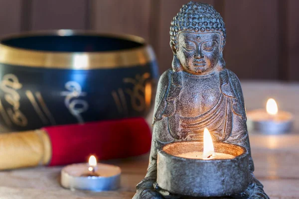 Stone Sitting Buddha Candles Tibetan Bowl Candle Atmosphere Meditation Home — Stock Photo, Image