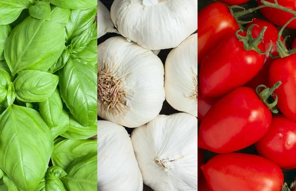 Bandera Italia Los Ingredientes Alimenticios Italianos Albahaca Ajo Tomate — Foto de Stock