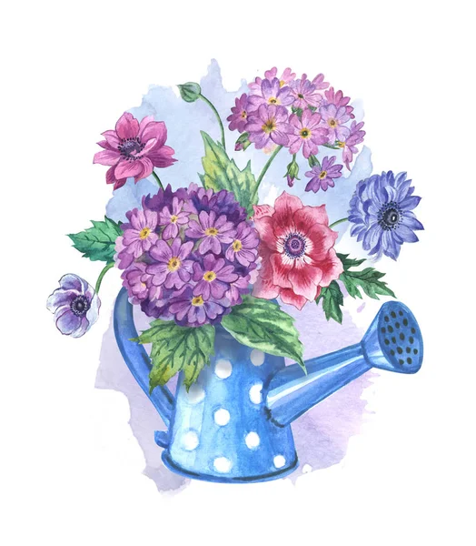 Букет Весняних Квітів Глечику Квітами Акварельний Живопис Анемони Примітиви Вазі — стокове фото