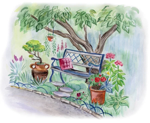 View of a blooming garden with a tree and a bench under it, watercolor illustration, hand drawing.