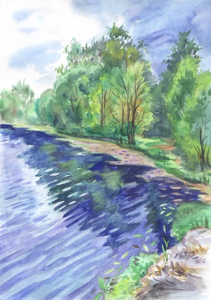 Rive Étang Été Avec Des Arbres Des Arbustes Dessin Aquarelle — Photo