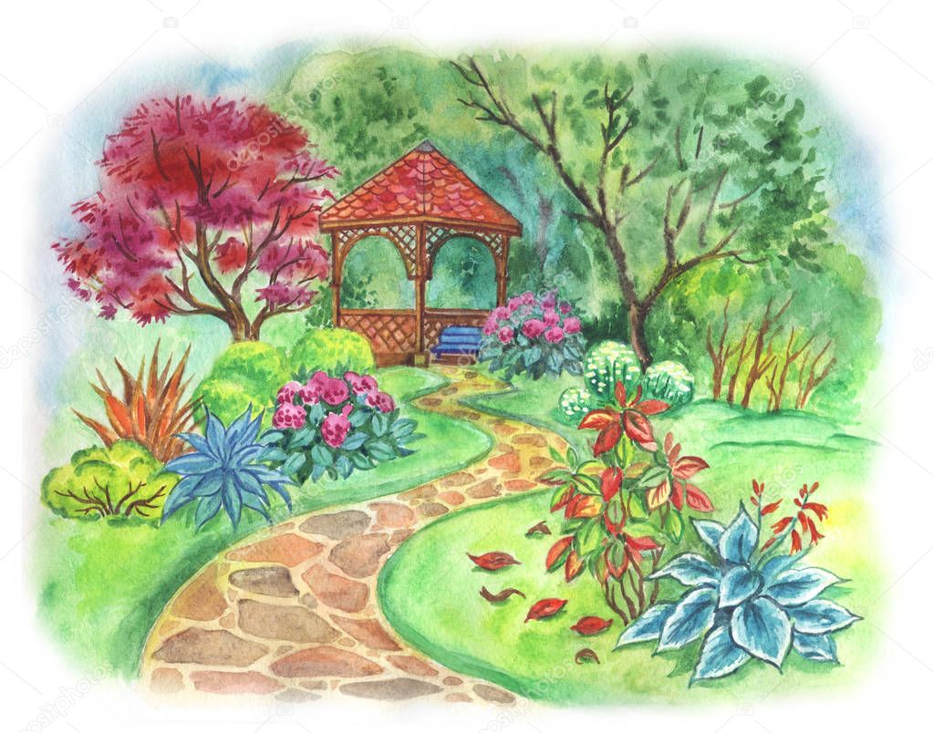 Arbor in a green garden among trees and bushes, watercolor drawing.