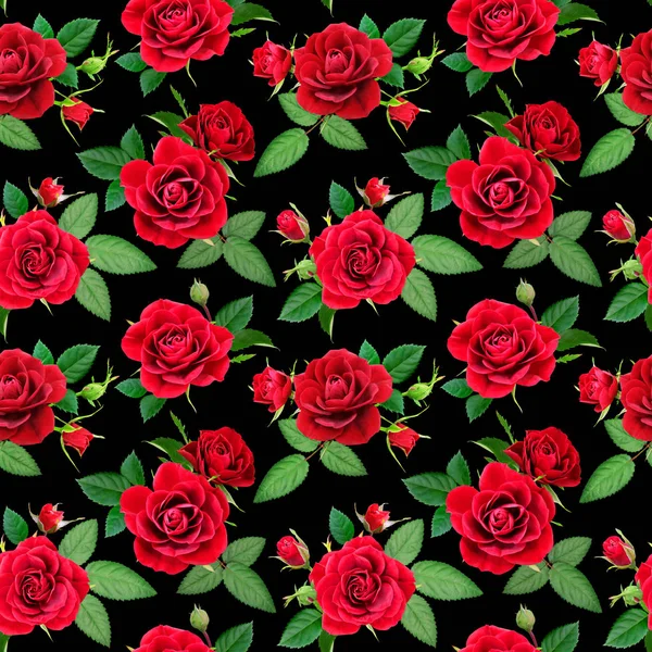 黒い背景の赤いバラのシームレスなパターン フォトリアリスティックなコラージュ — ストック写真
