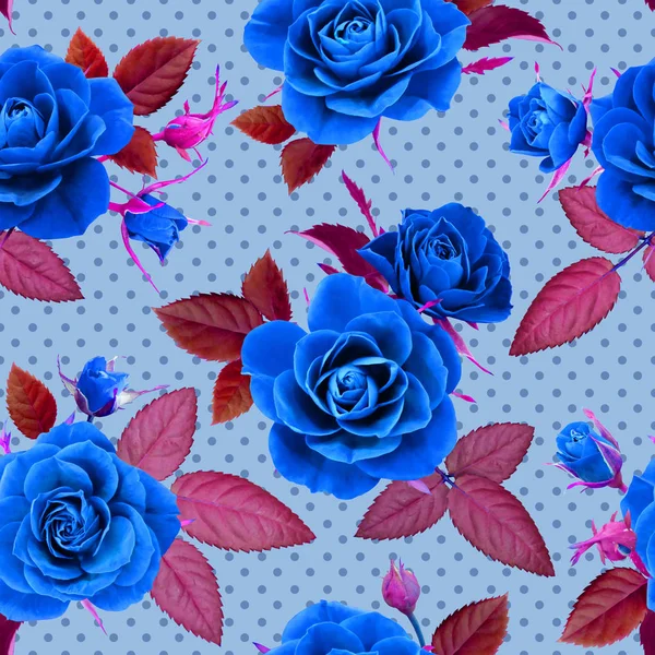 浅蓝色背景下的无缝线蓝玫瑰花纹 照相逼真拼贴 — 图库照片