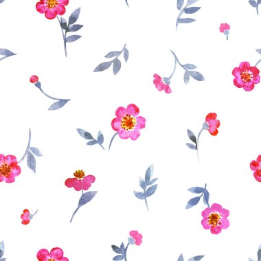Beyaz arkaplanda pürüzsüz pembe çiçekler, kumaş baskısı, çeşitli tasarımlar için arka plan, çocuk suluboya deseni..