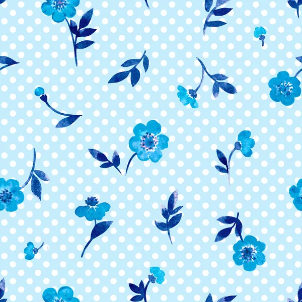 Seamless Pattern Small Pink Flowers Pale Blue Polka Dot Background — Stock Photo, Image