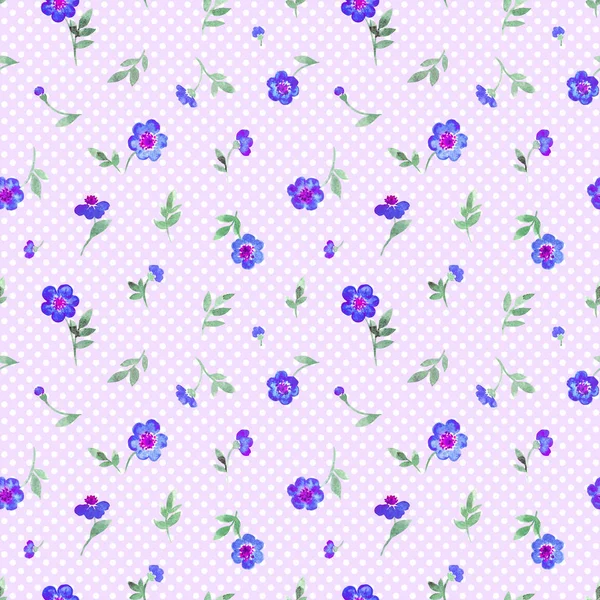 Nahtloses Muster Aus Kleinen Rosa Blüten Auf Lila Tupfen Hintergrund — Stockfoto
