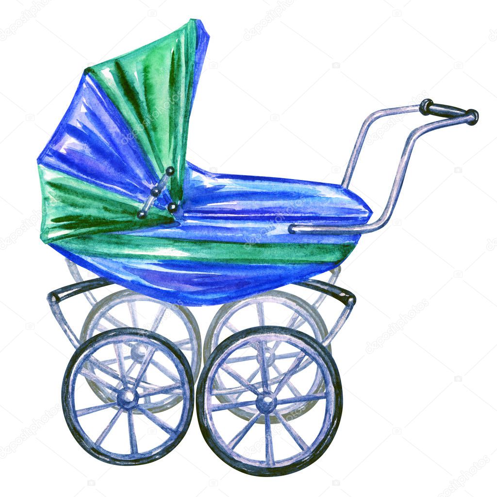 Vintage pram for a boy, watercolor illustration on a white background, isolated.